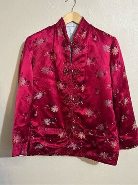 Chinese Brocade Satin Jacket Red Floral Mandarin Collar Frog Closure XL Asian